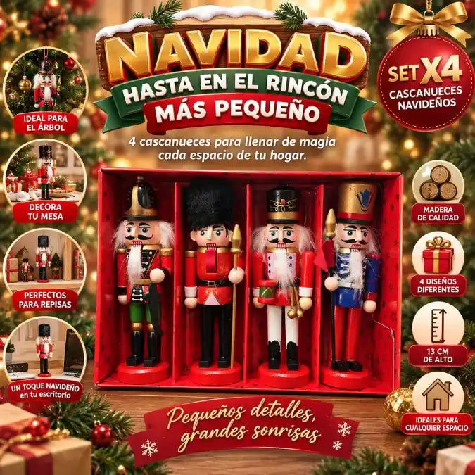 Cascanueces Navideños de Madera x4 – Navidad Hasta en el Rincón Más Pequeño 🎄
