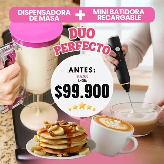 Combo Dulce Mañana (mezclador + dispensador) preparas pancakes perfectos en segundos.