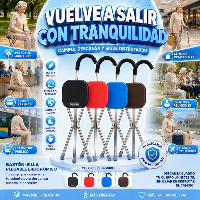 Bastón-Silla Plegable DescansaGo | Camina con Confianza y Descansa Donde Quieras
