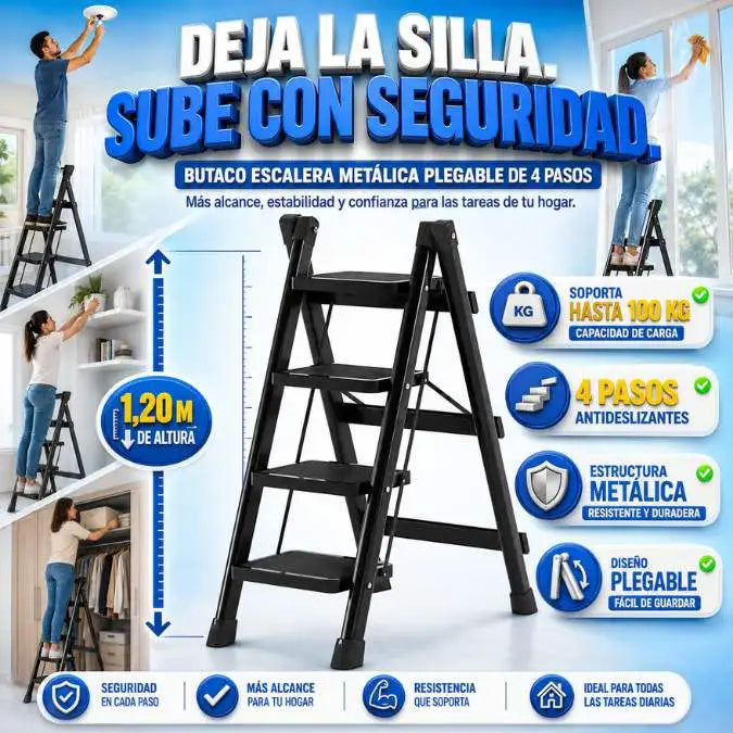 Butaco Escalera Metálica Plegable 4 Pasos Llega más alto con total seguridad.
