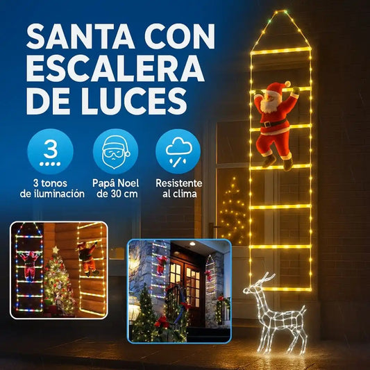 Santa en la Escalera 2 metros de luz, color y espíritu navideño en tu casa