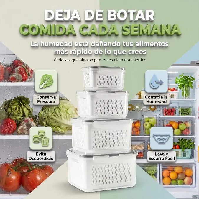 SET X 4 RECIPIENTES HERMETICOS CON SISTEMA DE DRENAJE INTERNO