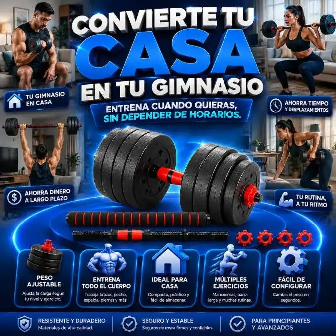 Set de mancuernas ajustables de 20 kg, ideal para entrenar fuerza y resistencia desde casa o en el gimnasio.