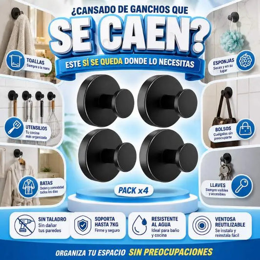 Ganchos de ventosa x4  Instala en minutos, organiza por mucho tiempo.