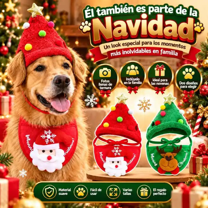 🎄 Kit Gorro + Pañoleta Navideña para Mascotas 🐶❤️ | ¡Tu Peludito También es Parte de la Navidad! 🎅✨