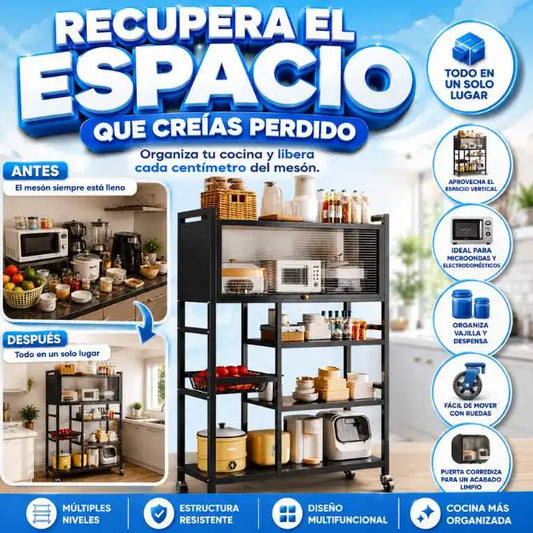 Organizador de Cocina Multiusos con Puerta Corrediza | Ahorra Espacio y Mantén Todo en Orden