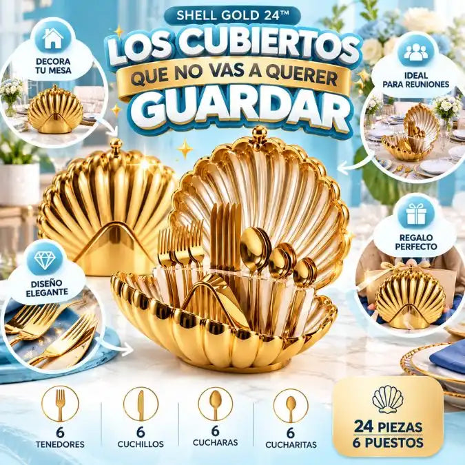 SET DE CUBIERTOS  GOLD 24 | Cubiertos Dorados que Organizan y Decorán tu Mesa 🐚✨