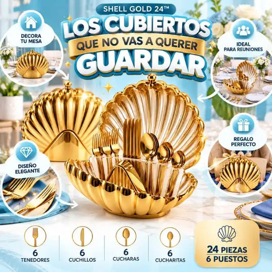 SET DE CUBIERTOS  GOLD 24 | Cubiertos Dorados que Organizan y Decorán tu Mesa 🐚✨