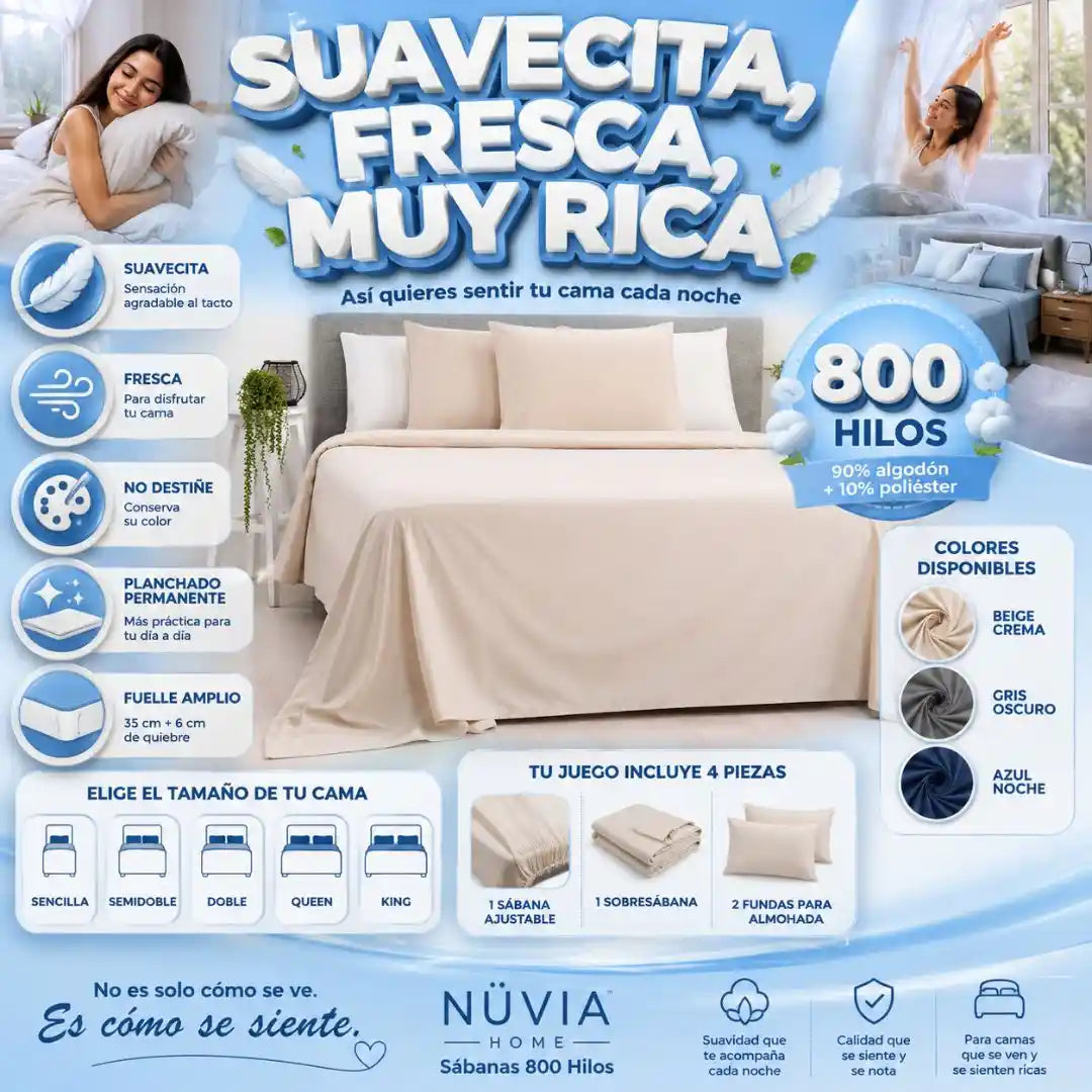 Sábanas NÜVIA HOME 800 Hilos — Suavecitas, Frescas y Muy Ricas