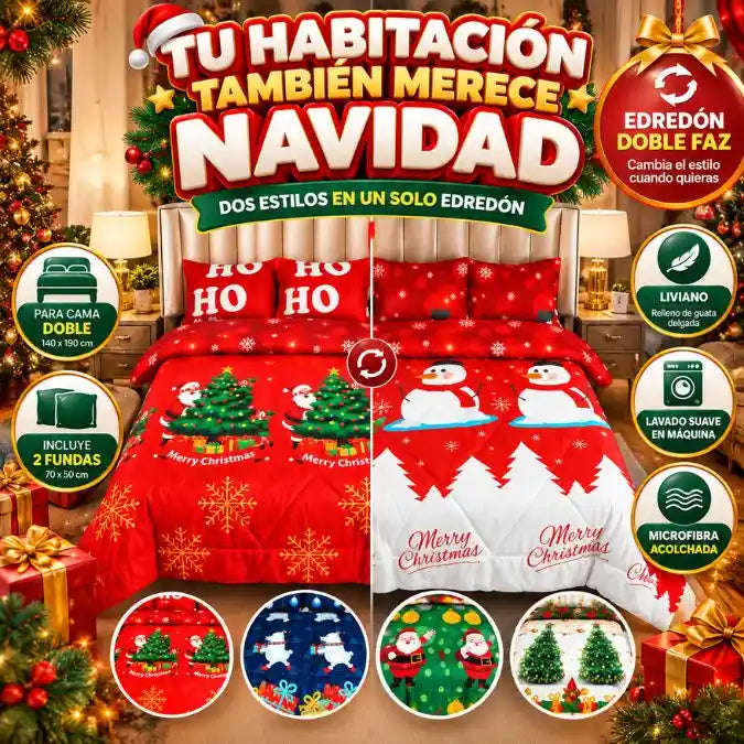 🎄 Edredón Doble Faz Navideño con 2 Fundas – ¡Transforma tu Habitación y Vive la Magia de la Navidad! 🎁
