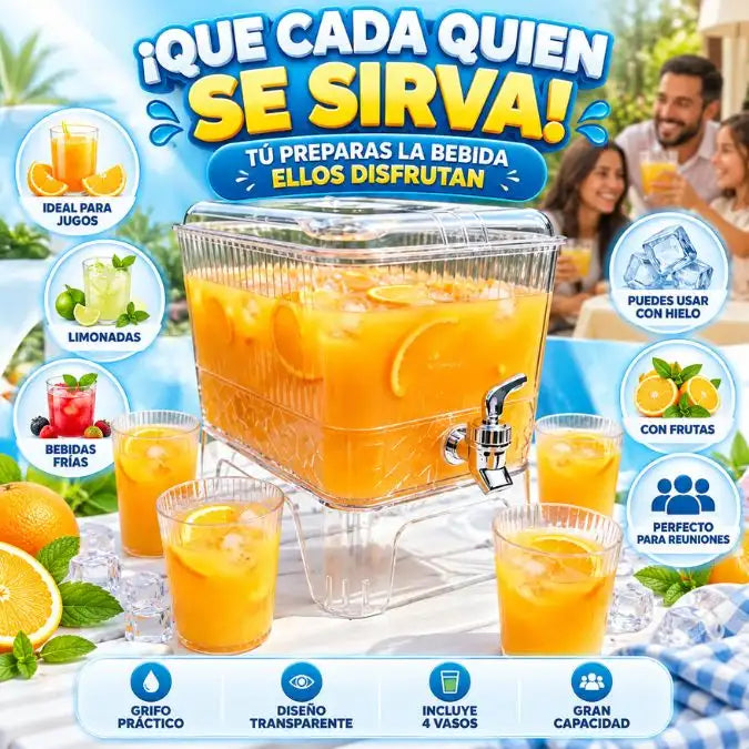Dispensador de Bebidas + 4 Vasos 🍹 | Sirve Fácil y Disfruta tus Reuniones