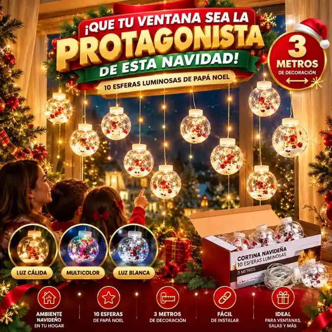 Cortina Navideña de 10 Esferas LED 🎄✨ ¡Decora tu Hogar Fácil y Rápido y Llénalo de Magia esta Navidad! 🏠🎁