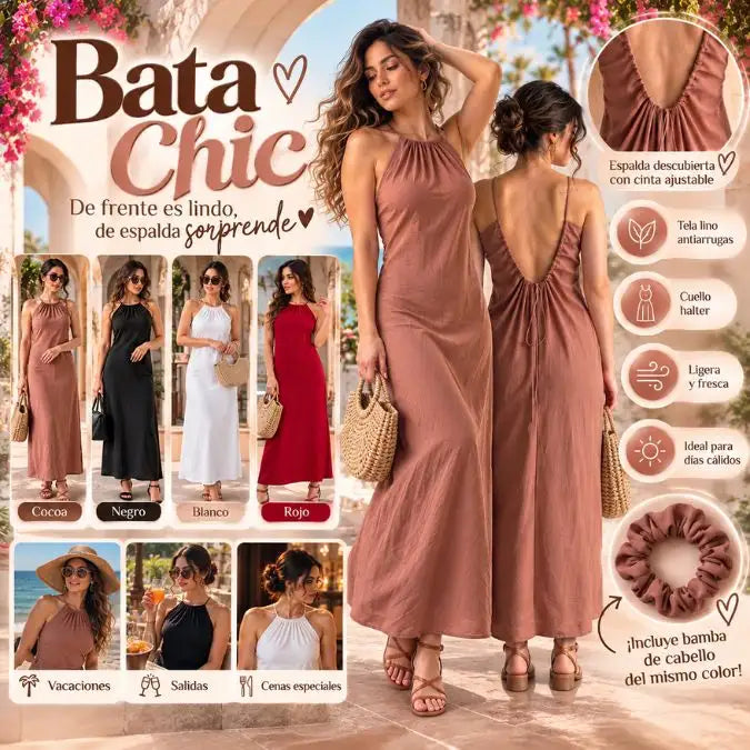 🤎 Vestido Chic | Vestido Largo Fresco y Elegante ✨ con Espalda Descubierta y Cinta Ajustable 🎀