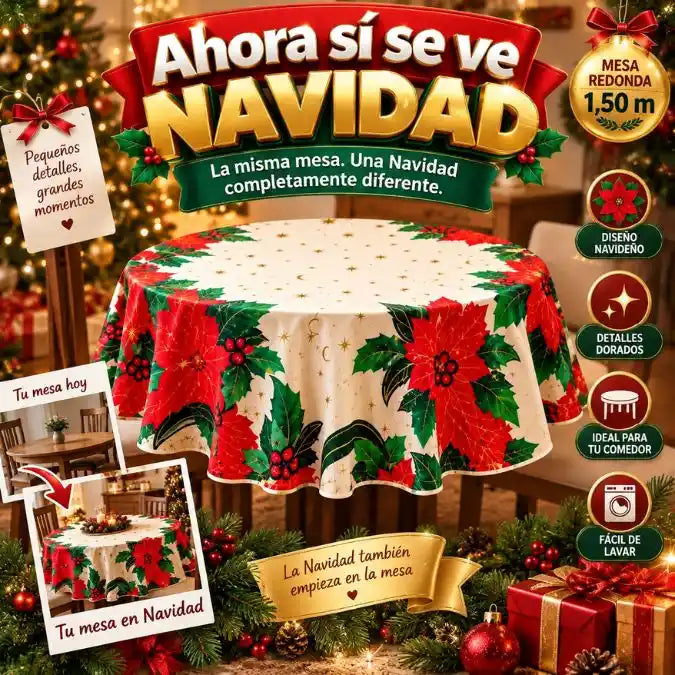 🎄 Mantel Navideño Redondo 1,50 m | ✨ Haz que tu Mesa se Vea Navidad ❤️
