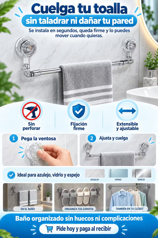 Toallero Telescópico con Ventosas – Sin Perforar y Ajustable