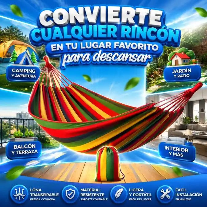 Hamaca Oasis Premium™ colores vivos, fresca, cómoda y fácil de instalar.