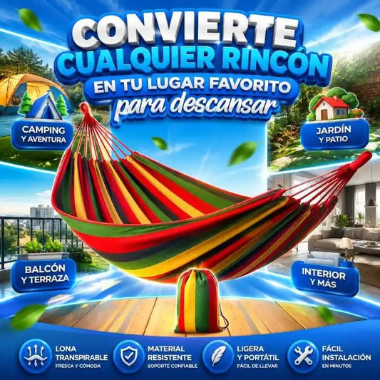 Hamaca Oasis Premium™ colores vivos, fresca, cómoda y fácil de instalar.